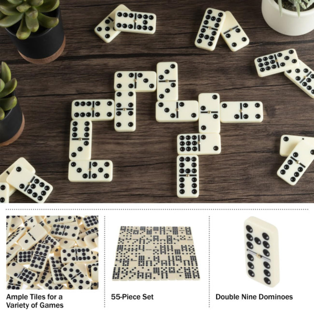 Domino Set with Wood Case - 55 Premium Double Nine Dominoes and Convenient Storage Box - Family Games by Trademark - Set of 55
