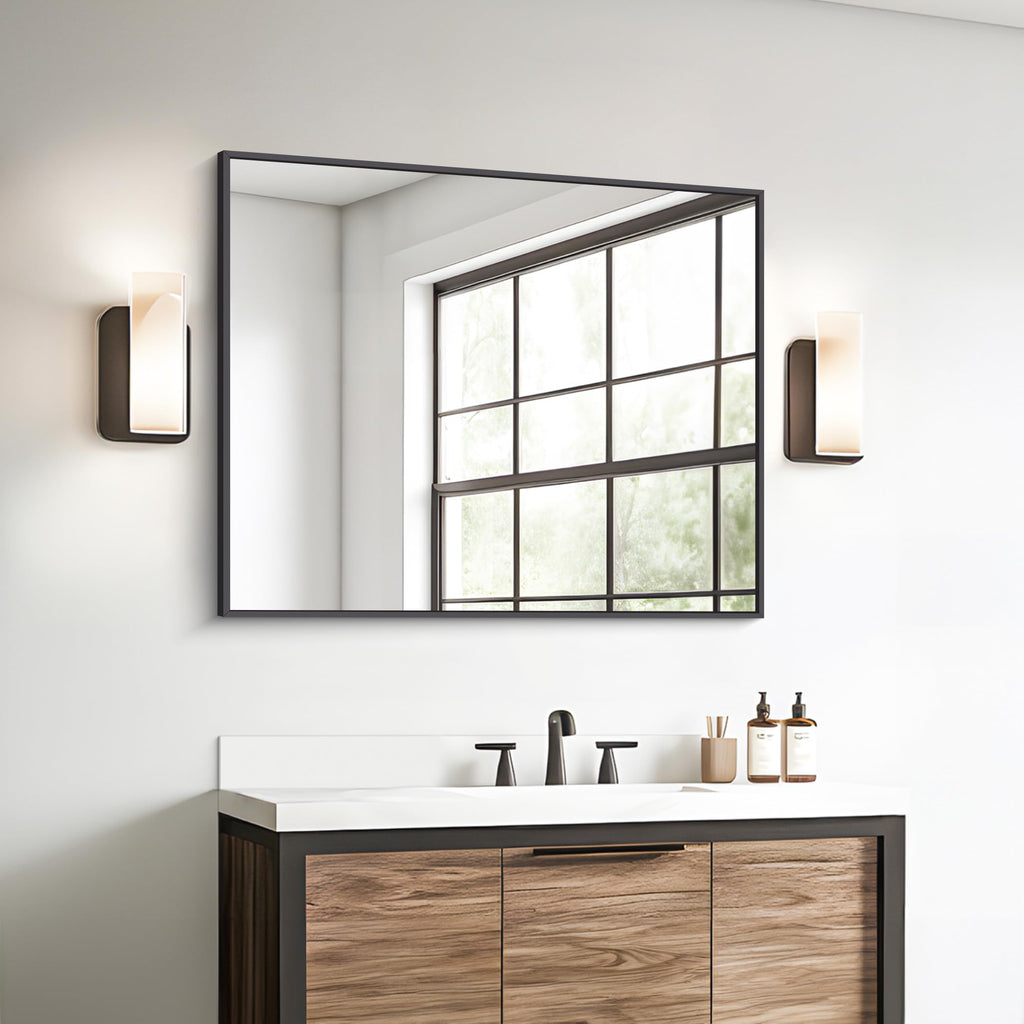 Bathroom Mirror,30x36 inch Wall Mirror Wall Mounted Black Rectangle Square Corner Mirrors, Black Bathroom Mirror