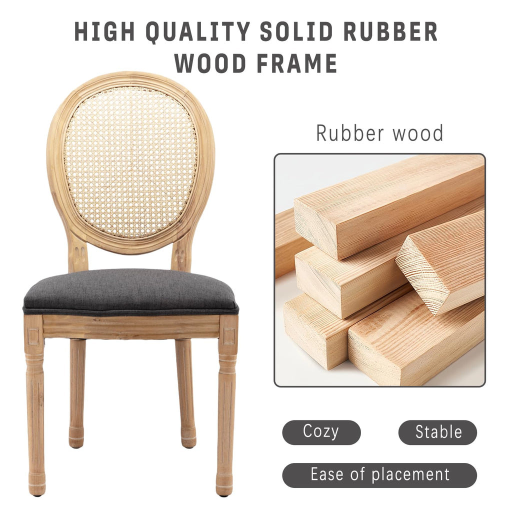 French Country Rattan Dining Chairs Set of 4, Round Back Kitchen Chair, Grey