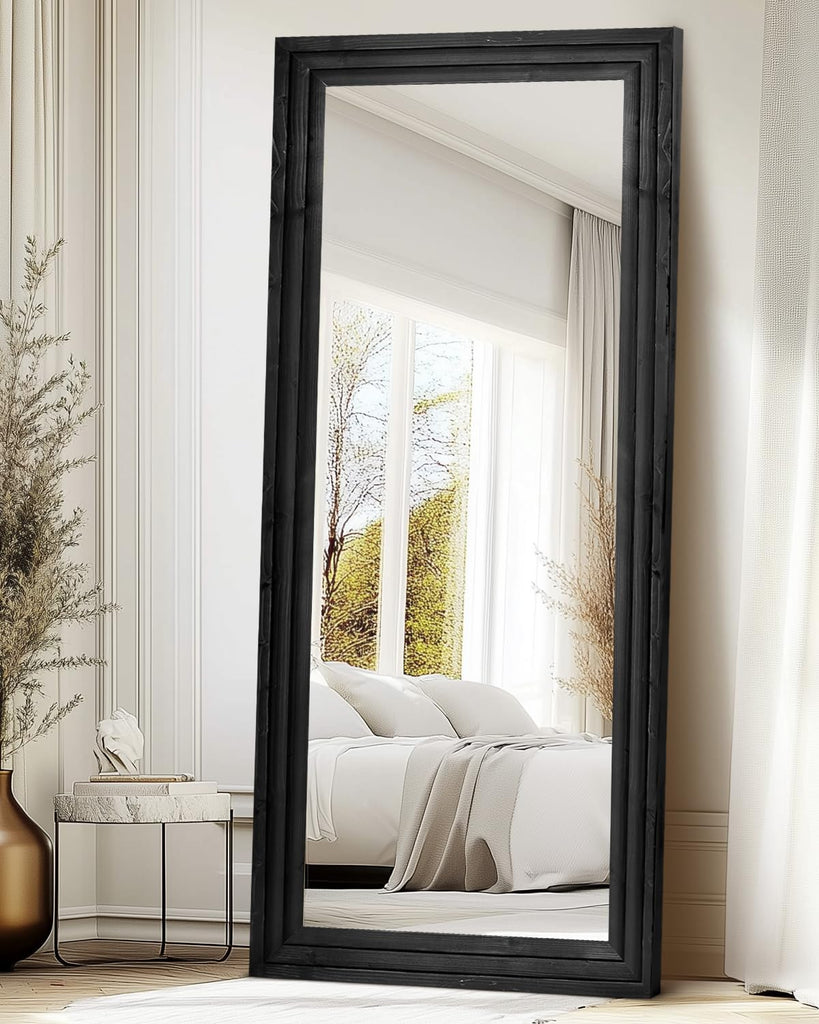 71x30in Full Length Mirror, 3-Tier Stepped Solid Wood Frame, Black