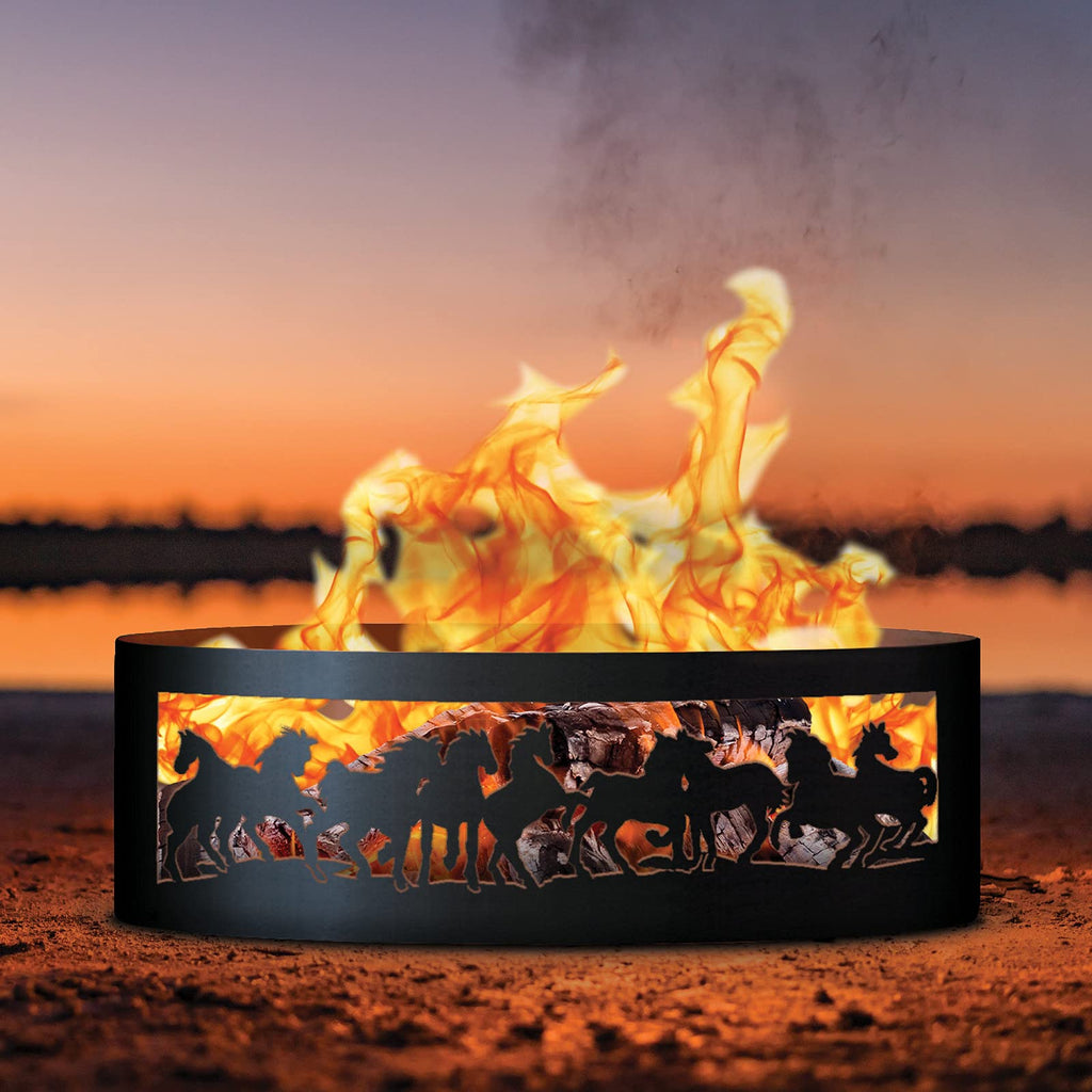 PD Metals Mustangs Unpainted 12 in. Tall 30 in. Diameter Outdoor Fire Ring with Fire Poker - 30 x 30 x 12