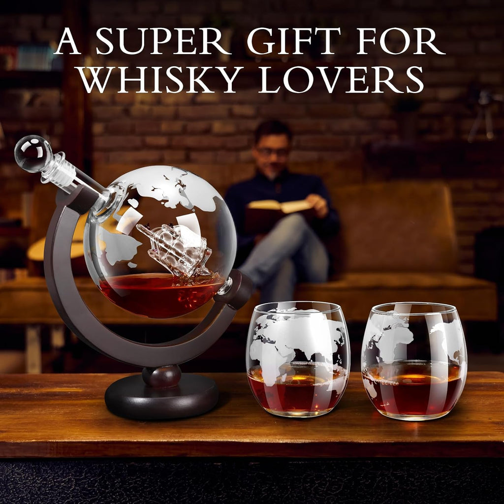 Whiskey Decanter Sets for Men, Whiskey Decanter Globe Set, Gifts for Men Dad Valentines Day with 2 Etched Globe - Set of 3