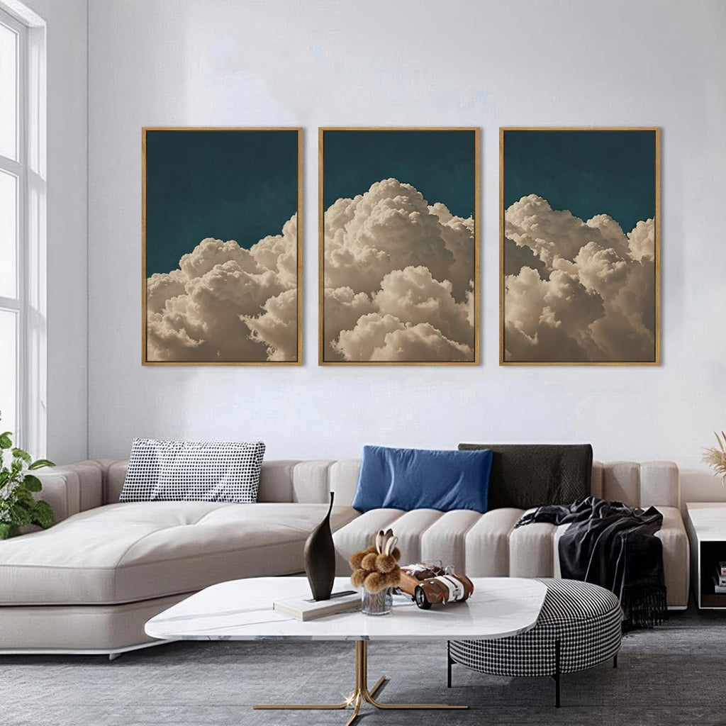 Extra Large Navy Blue Cloud Wall Art 24x36 Inch Framed Abstract Modern Landscape Canvas Wall Decor Minimalist Sky