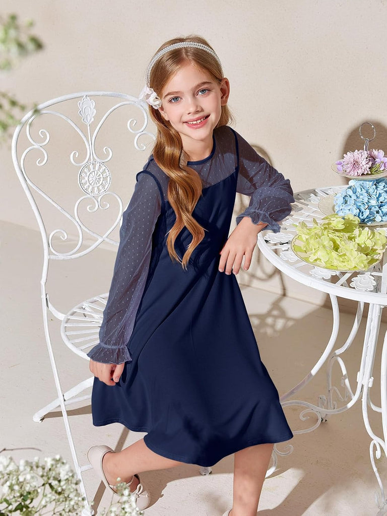 Girls Contrast Mesh Long Sleeve High Waist A Line Short Dress with Pockets