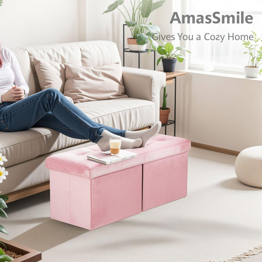 Footrest Ottoman Storage Bench, 34" Velvet Folding Chest, Pink