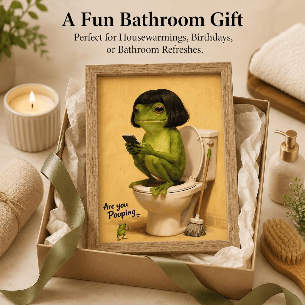 Framed Funny Bathroom Wall Art - Whimsical Retro Frog on Toilet Canvas Print, Humorous Animal Bathroom Decor - Easy