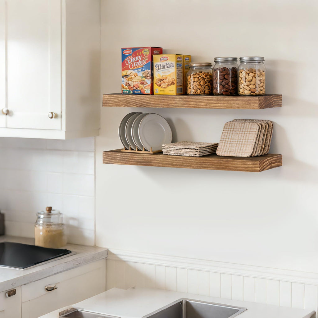 24x6.8x1.7in Solid Wood Floating Wall Shelf Set of 2 Oak Finish