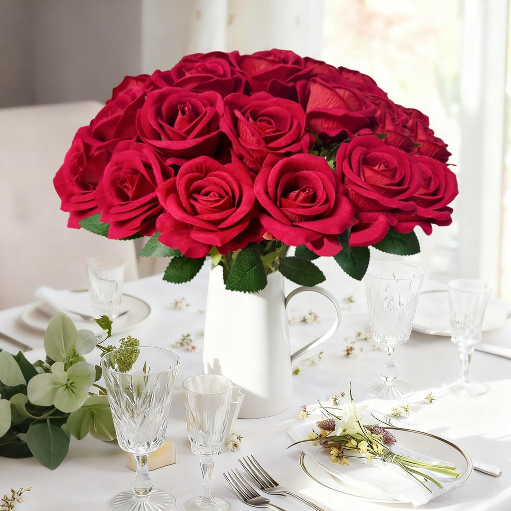 50Pcs Red Roses Artificial Flowers with Stems Decor