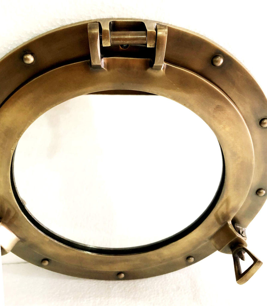12" Antique Brown Finish Canal Boat Porthole-Window Ship Round Mirror Wall Home Decor