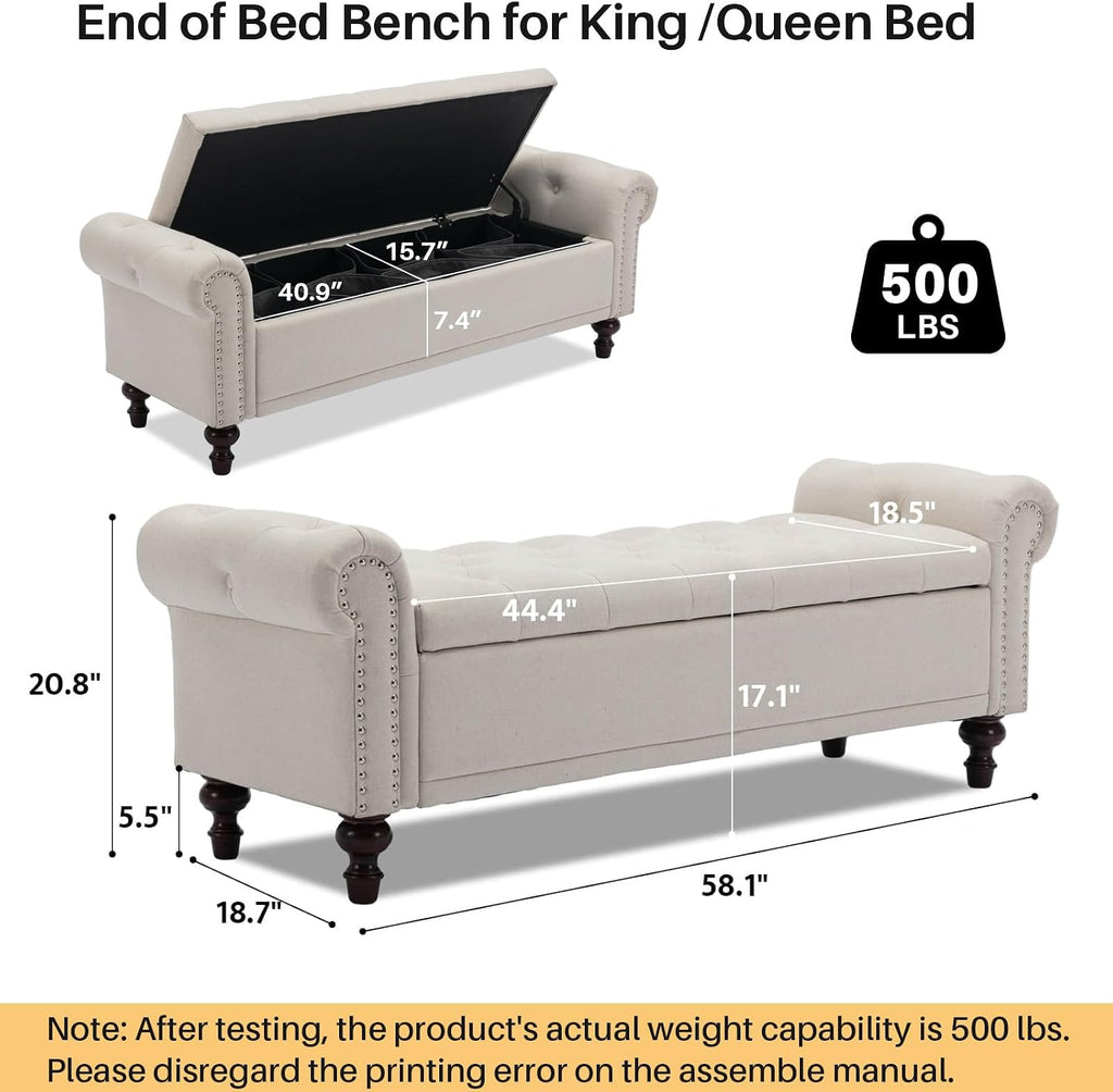 58.1" Storage Bench , Linen Upholstered, Beige | End of Bedroom Bed Bench Ottoman with Tufted Cushioned Rolled Arm