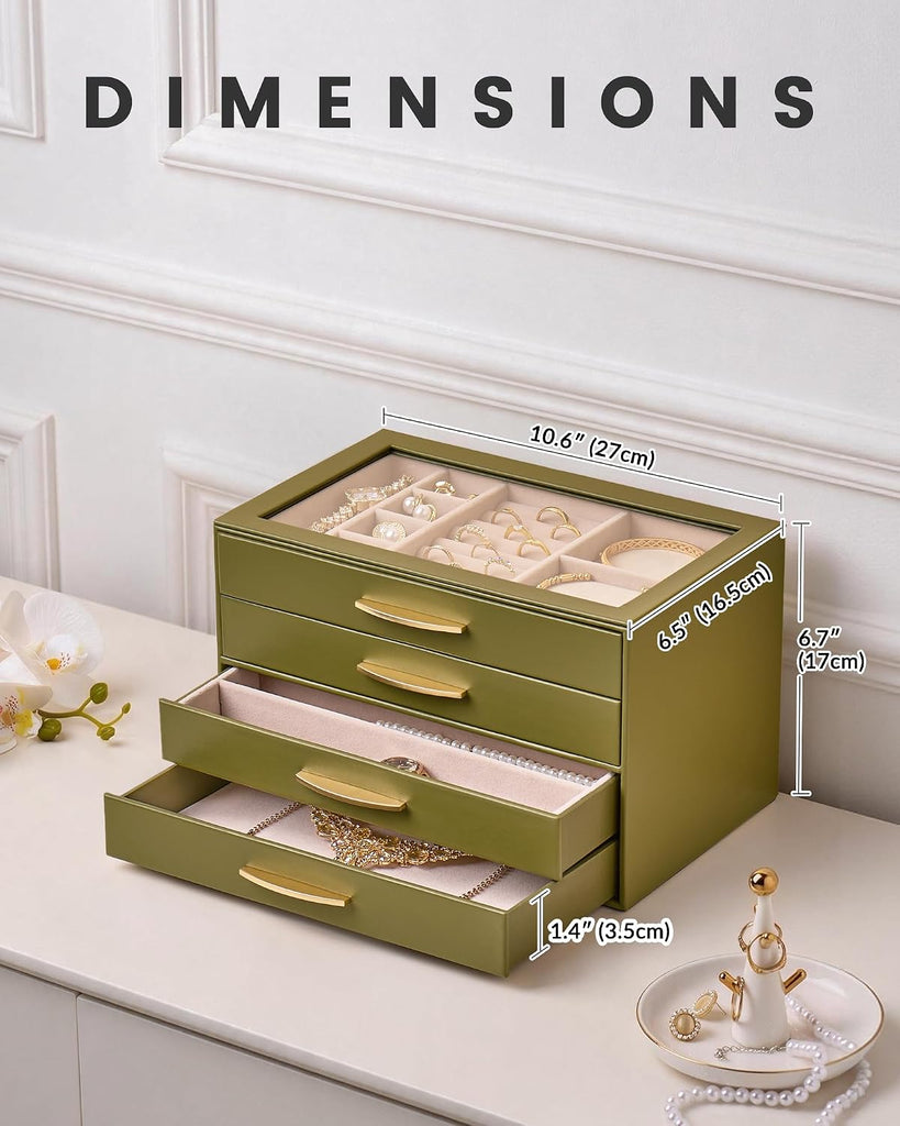 Jewelry Box Organizer with Glass Lid for Women -4Layer, Olive Green
