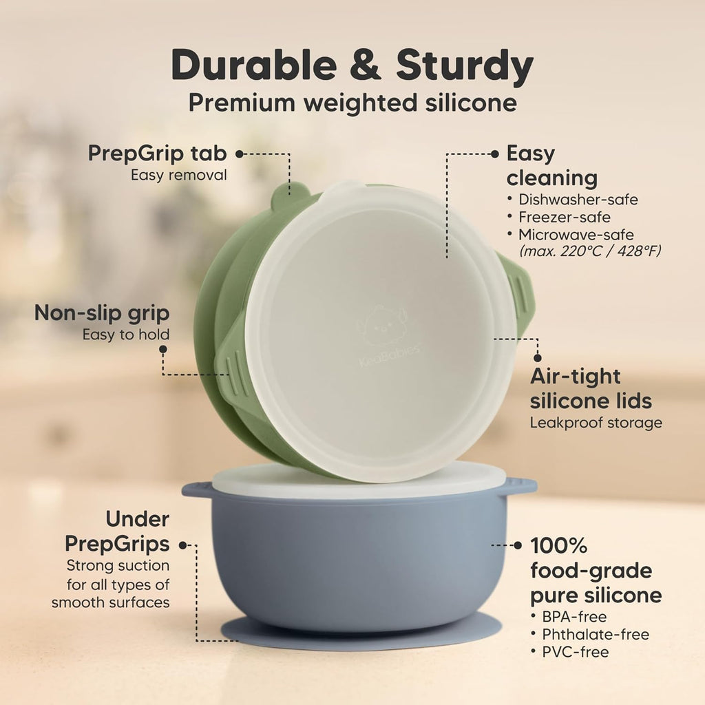 Pack Baby Bowls with Suctions, Lids, BPA-Free Silicone (Slate)