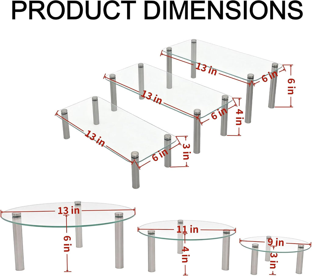 Tempered Glass Cake Stands Set 9 11 13 Inch Dessert Display Riser - Set of 6