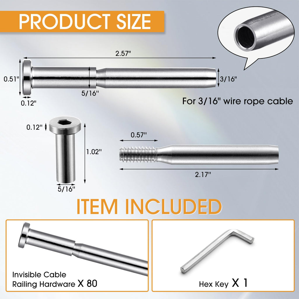 80 Pack 3/16" Stainless Steel Cable Railing Hardware Kit, Silver