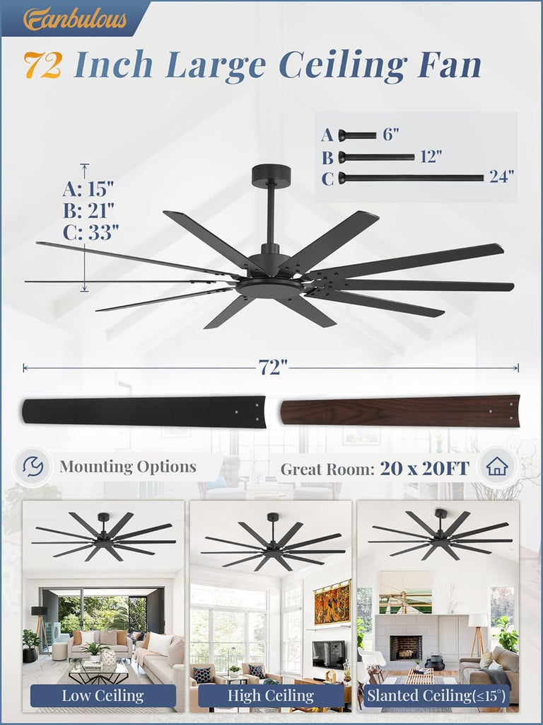 72 Inch Large Ceiling Fan Without Light, Modern Indoor/Outdoor Ceiling Fans No Light with Remote