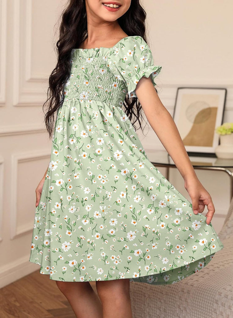 Girls Summer Dresses Floral Boho Short Sleeve Dress