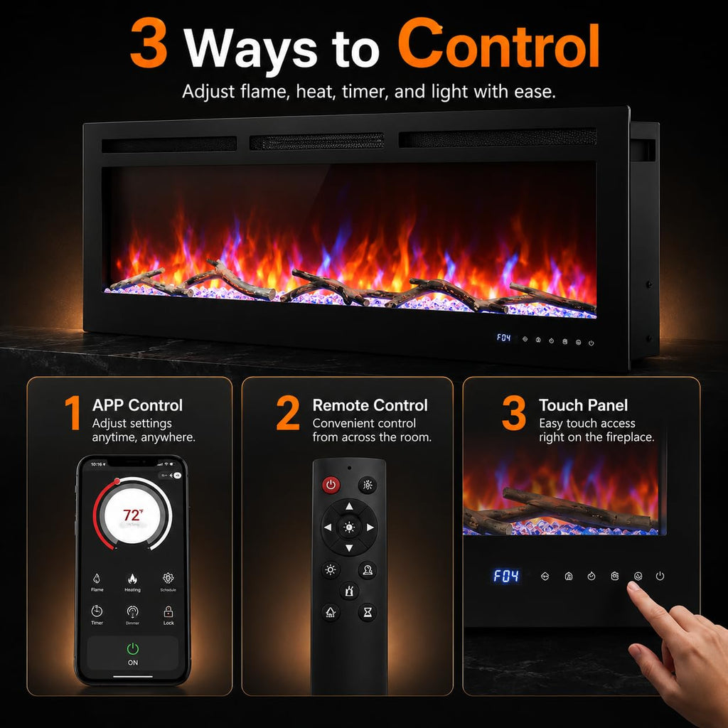 72 in Electric Fireplace, Recessed/Wall Mounted Linear Fireplace with WiFi & Remote Control, Multicolor Flame Effect
