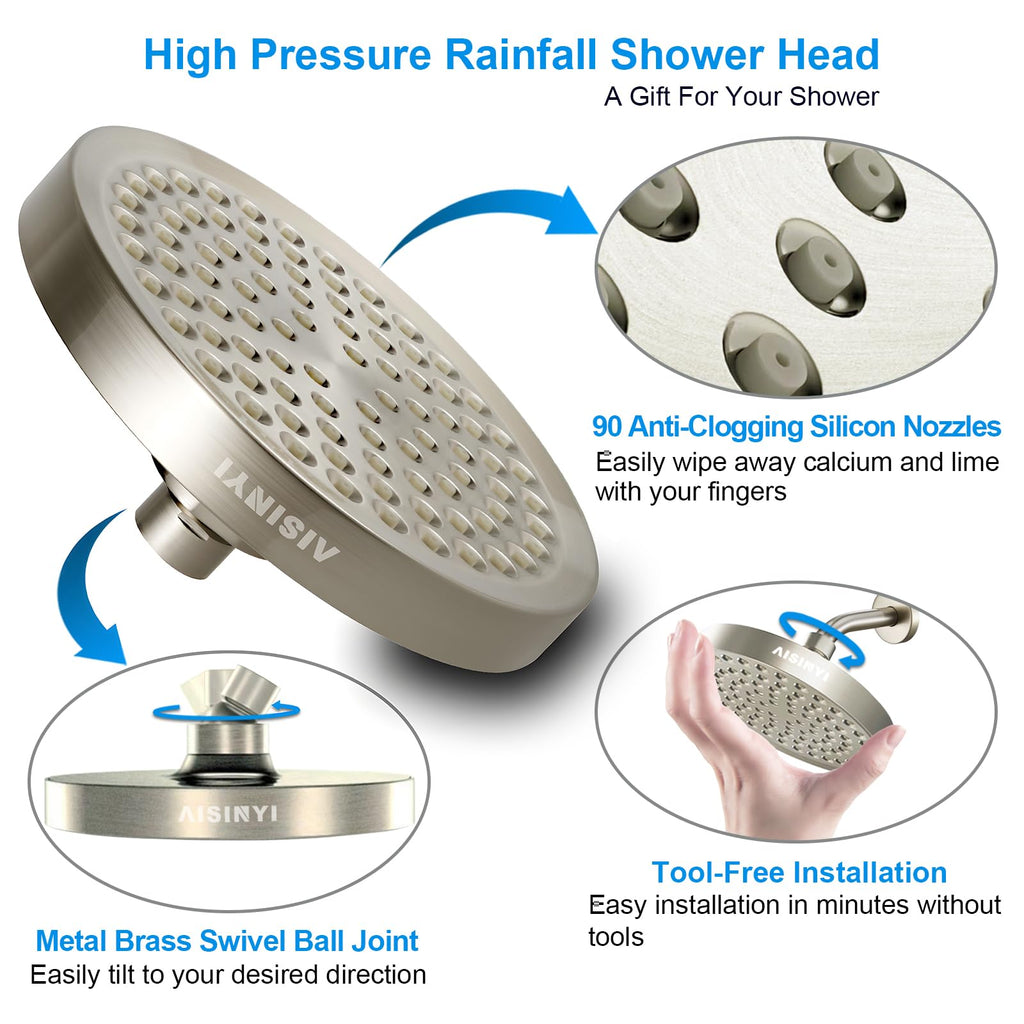 6" High Pressure Rain Shower Head, Luxury Brushed Nickel Finish
