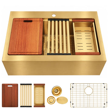 30 Inch Gold Farmhouse Sink, 16 Gauge Drop-In Apron Front Farm Sink