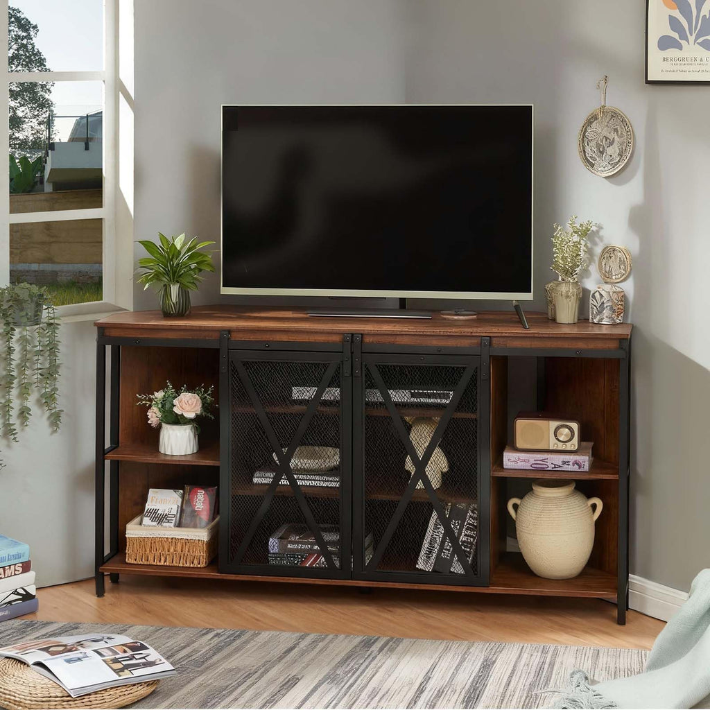 Corner TV Stand for 55 Inch TV, Rustic Corner Entertainment Center with Storage, Industrial Media Console Table with