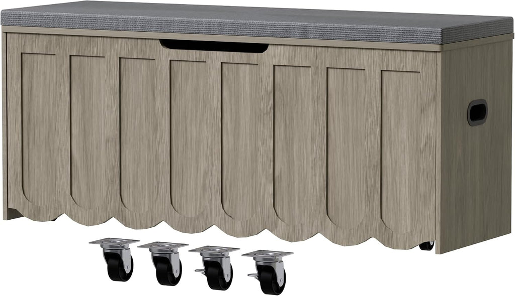 47.2" Storage Bench, Storage Chest with Cushion Seat, 4 Swivel Wheels & 2 Safety Hinges, Wooden Entryway Bench with