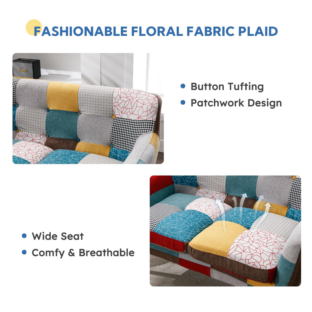Modern Boho Loveseat Couch Sofa Chair Bedroom, Upholstered Colorful Plaid Fabric 2-Seat Love Seat Sofa with Wood Leg