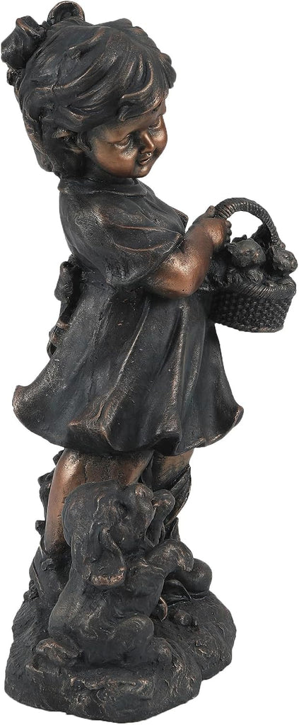 LuxenHome Garden Decor Statue,23" Fiber Stone Girl and Puppy Outdoor Statue | Bronze Garden Sculpture, Outdoor Art