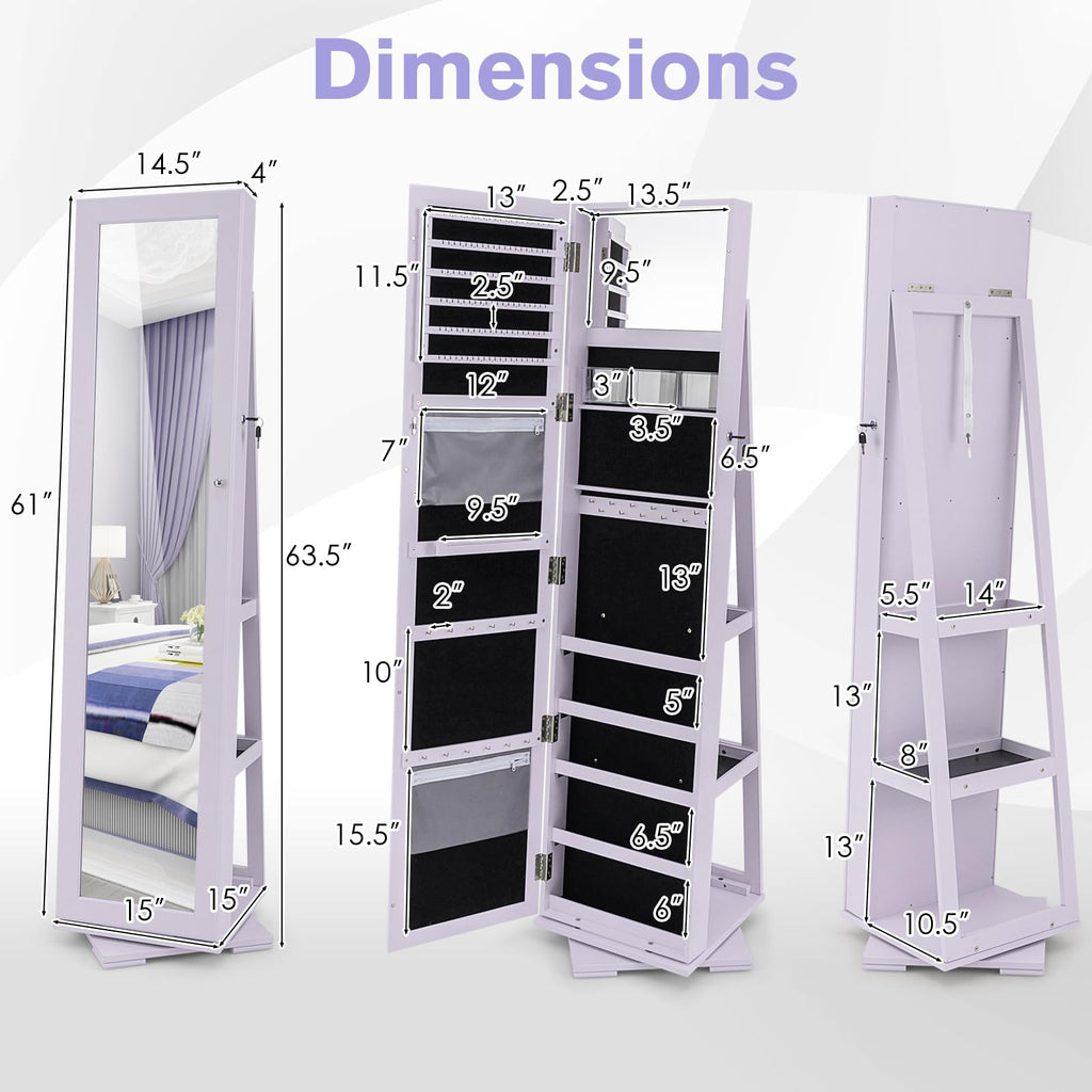 360 Rotating Jewelry Armoire Cabinet, Standing Jewelry Organizer w/Full-Length Mirror & Large Storage Space, Lockable