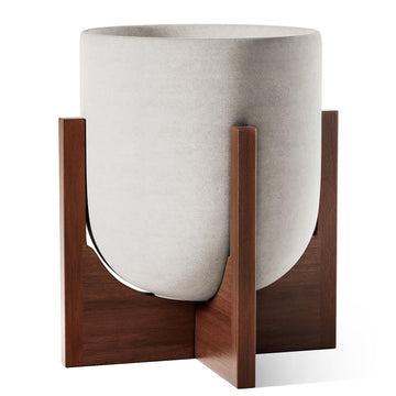 12 Inch Ceramic Planter with Acacia Wood Stand, Neutral Gray