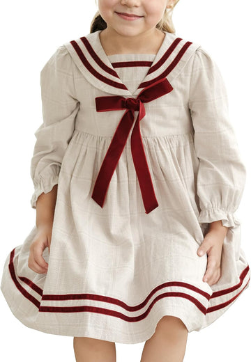Kids Vintage Sailor Collar Dresses | Toddler Baby Girls Preppy Clothes Casual Ruffle Long Sleeve Fall Dress
