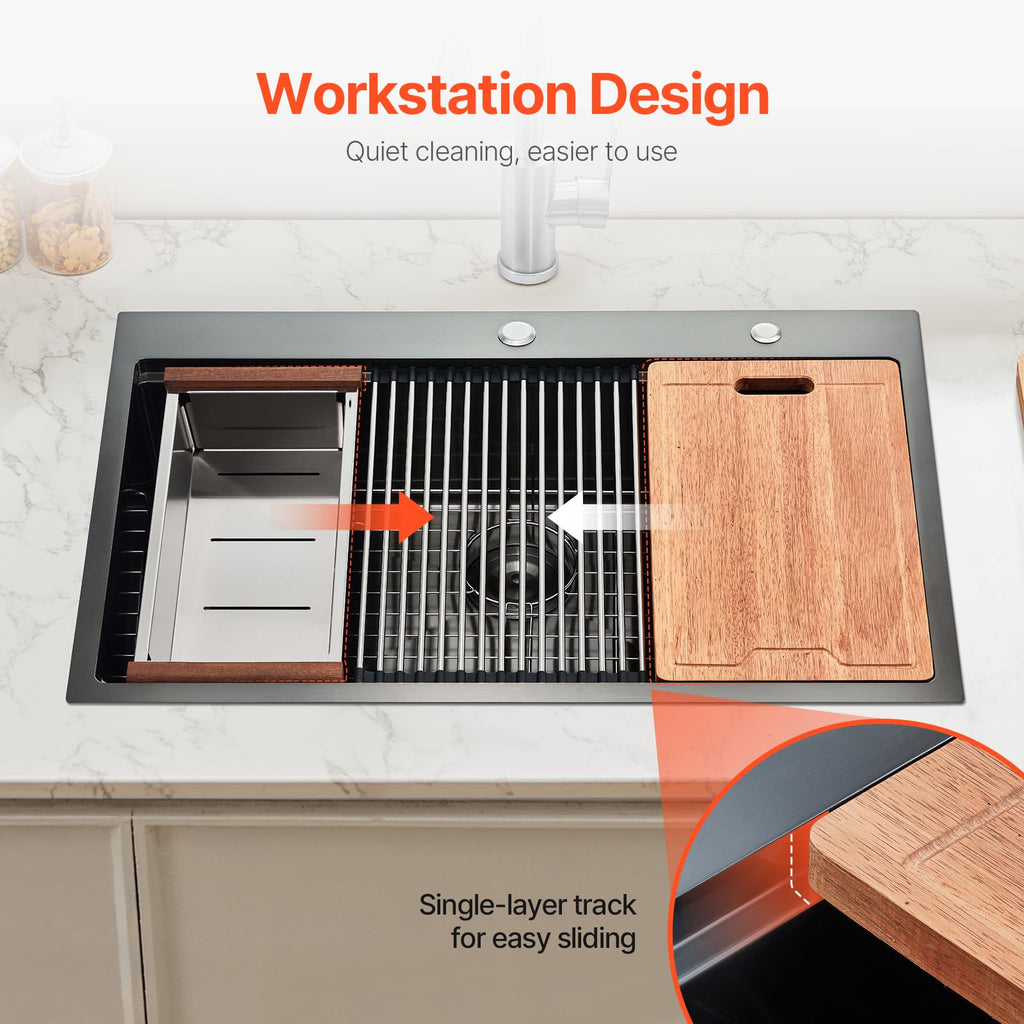 33 inches Kitchen Sink Workstation, Ledge and Multiple Accessories