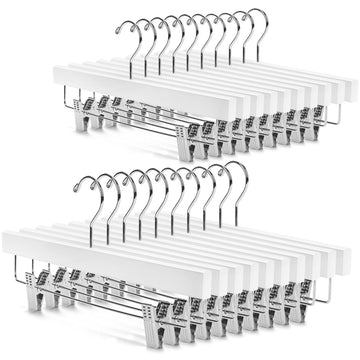 Deluxe Wooden Pants Hangers Solid Wood Bottom Jeans Hanger Skirt Hanger with 2-Adjustable Clips Pack of 20 (White)