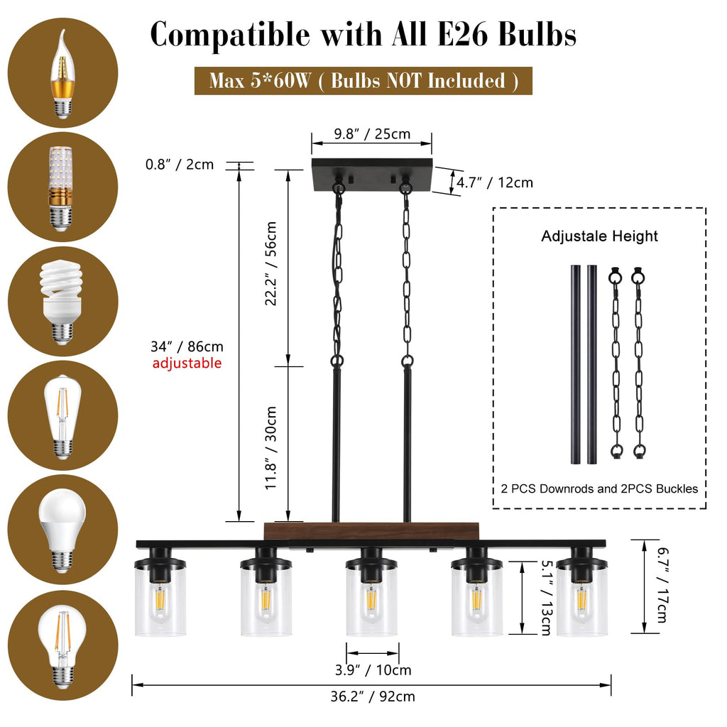 36.2" Kitchen Island Lighting, 5-Light Dining Room Chandelier Black