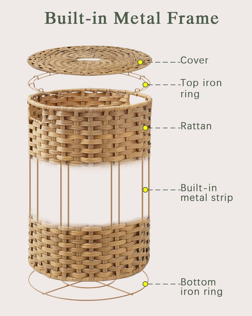 Laundry Basket with Lid Round 29.1 Gal PE Rattan, Natural | Family Clothes & Blanket Trunk with Lid, Removable Liner
