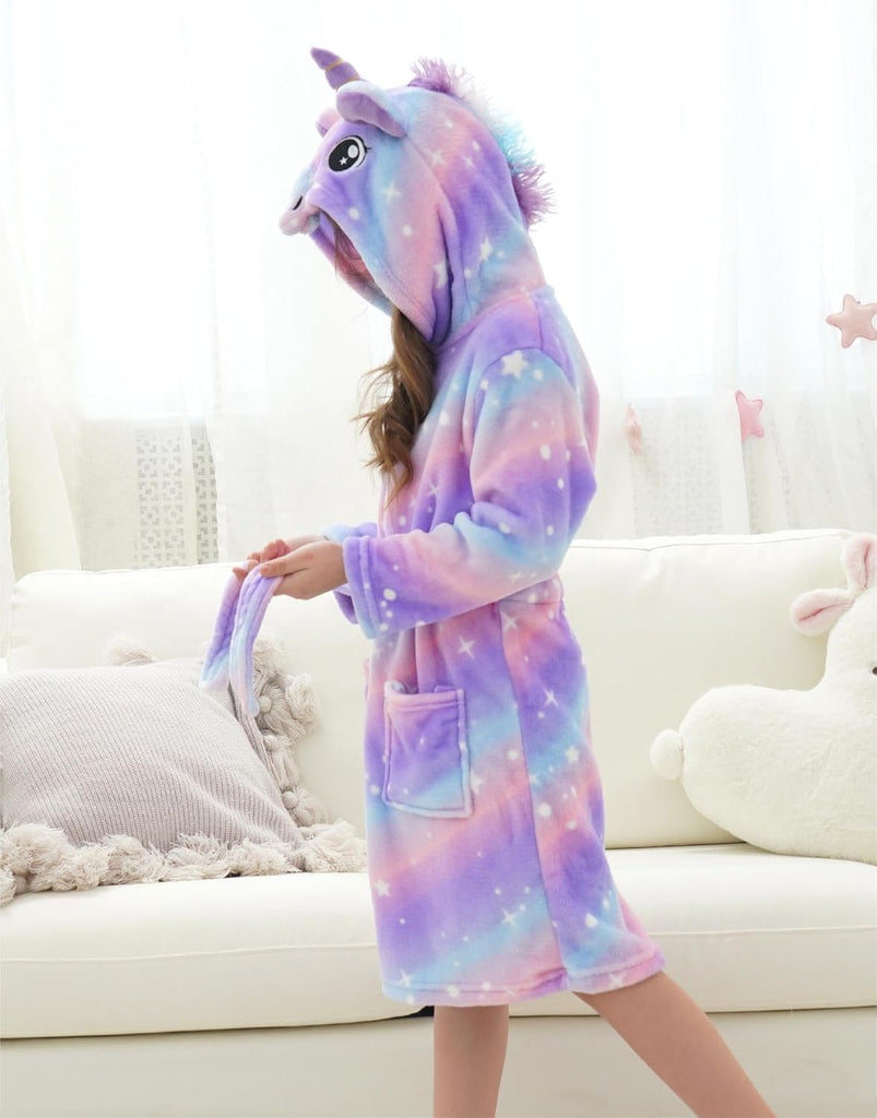 Girls Fleece Hooded Robe Toddler Warm Fuzzy Bathrobe