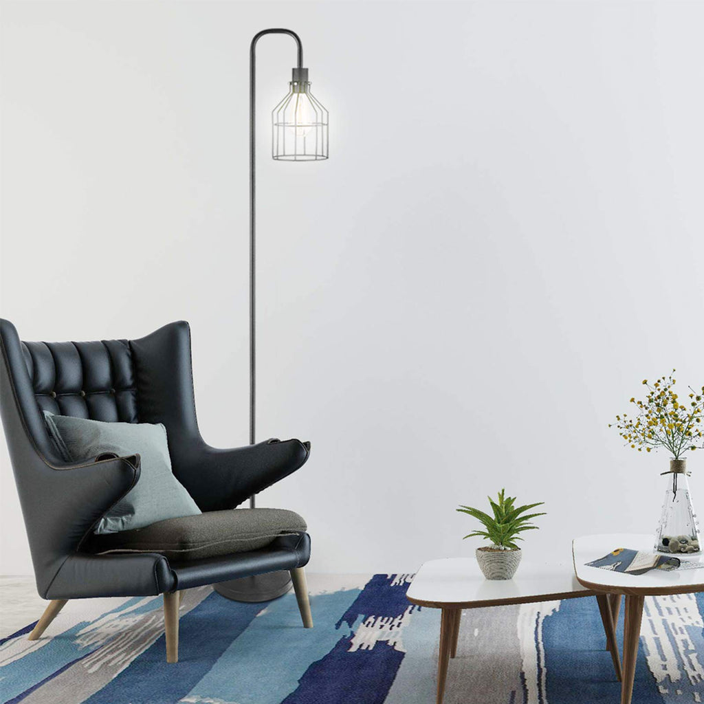 Floor Lamps, Industrial Frosted Black Floor Lamp with Cage Lampshade, On-Off Switch, Modern Indoor Pole Light, Study