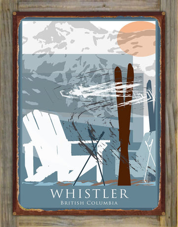 Whistler British Columbia Ski Chairs Rustic Metal Print on Reclaimed Barn Wood from Painting by Artist Mike Rangner