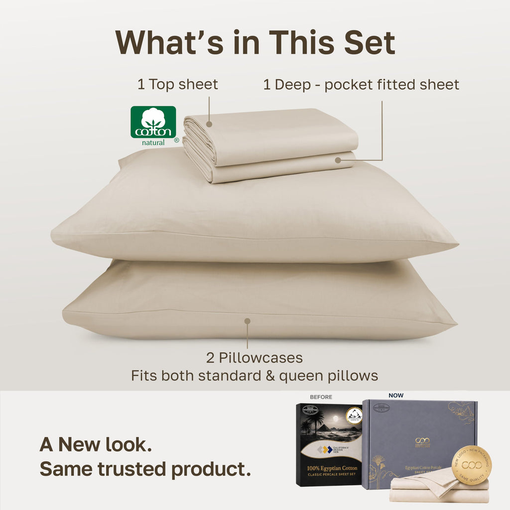100% Egyptian Cotton Sheets, 4 Pcs, Beige