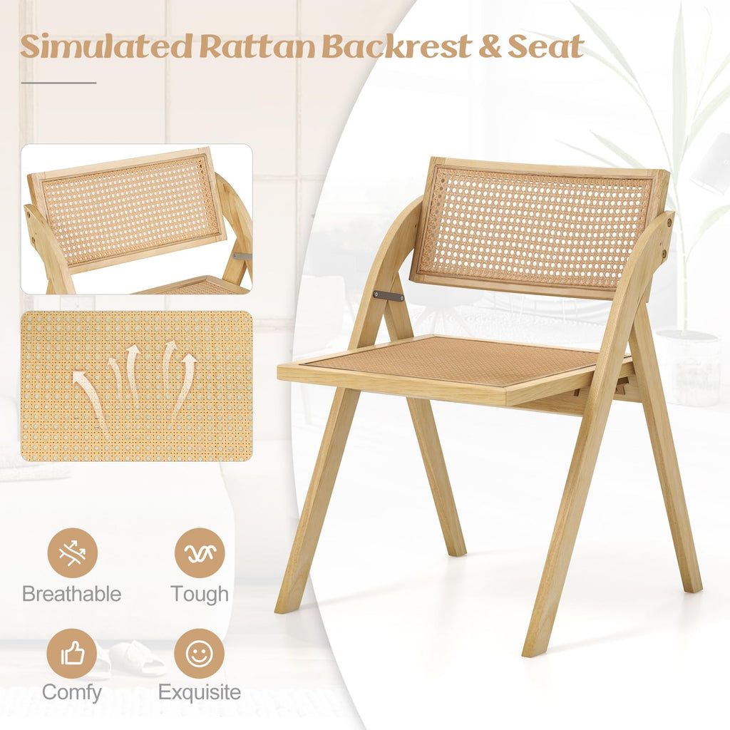 Folding Dining Chairs Set of 4, Wooden Folding Chair with Rattan Backrest & Seat, Sturdy Rubber Wood Frame, Armless