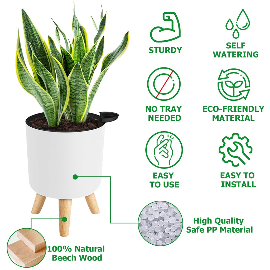 6.5" & 5.5" Self Watering Planters (2 Pack) for Indoor Plants with Water Indicator, White Modern Flower Pot with Wood