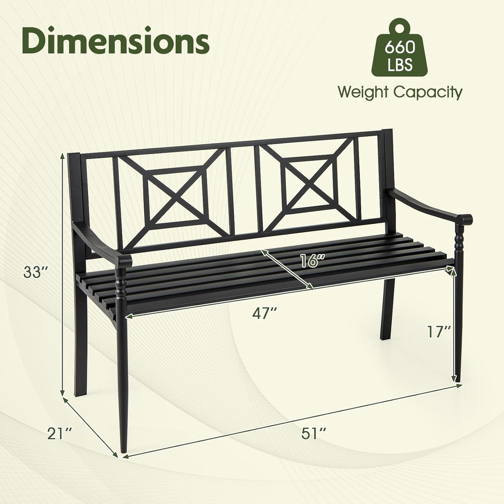 Metal Outdoor Bench with Backrest, Curved Armrests, Non-Slip Foot Pads, Slatted Seat for 2-3 Persons, Load 660lbs