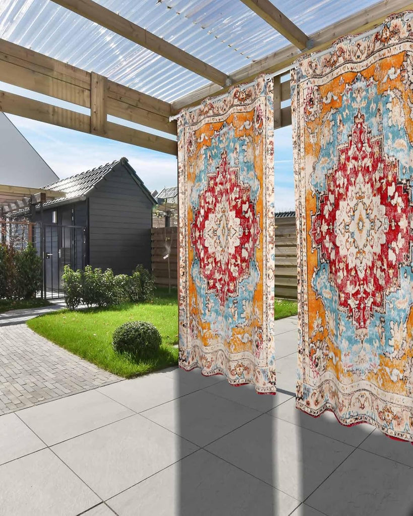 Outdoor Curtains , Red Orange Boho Waterproof Blackout Outside Curtain for Porch/Pergola/Gazebo, Ethnic Tribe