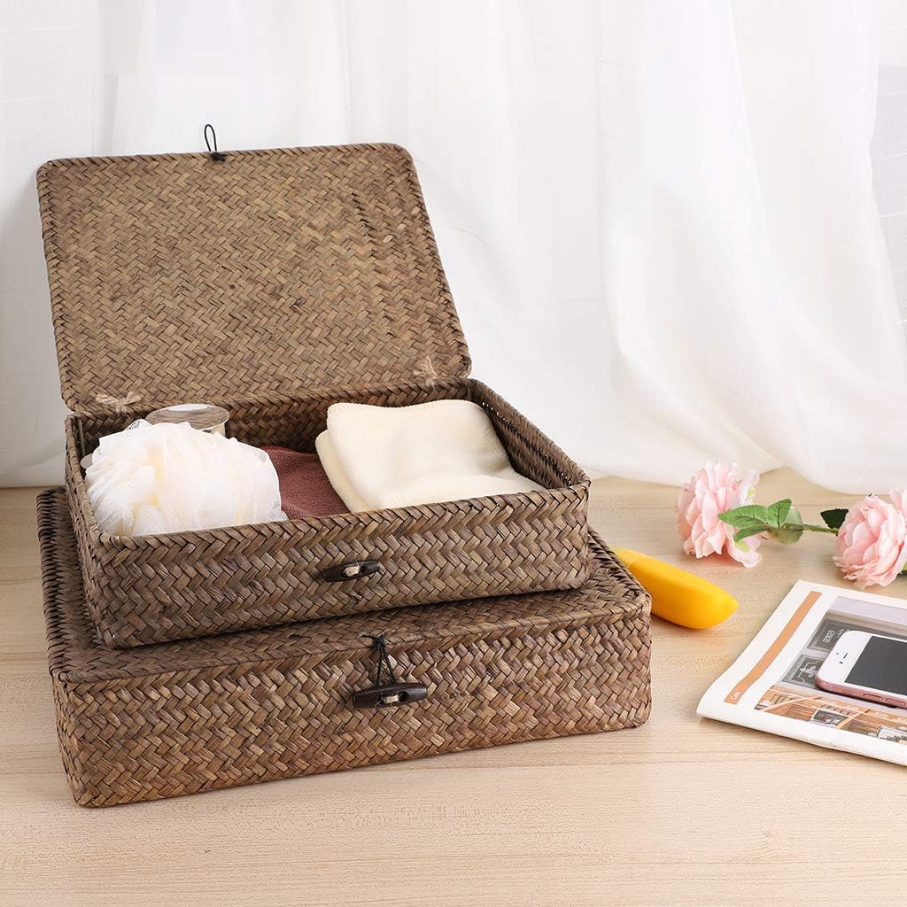 Set of 2 Flat Woven Wicker Storage Bins with Lid Seagrass Basket | Natural Decorative Baskets Multipurpose Home Boxes