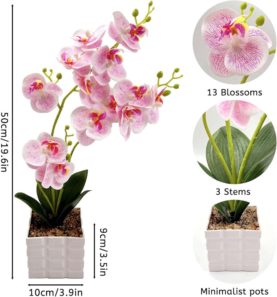 13-Heads Artificial Orchid Flower in Pot,50cm Silk Orchid Arrangement with Plastic Vase,Potted Pink Flowers,Silk