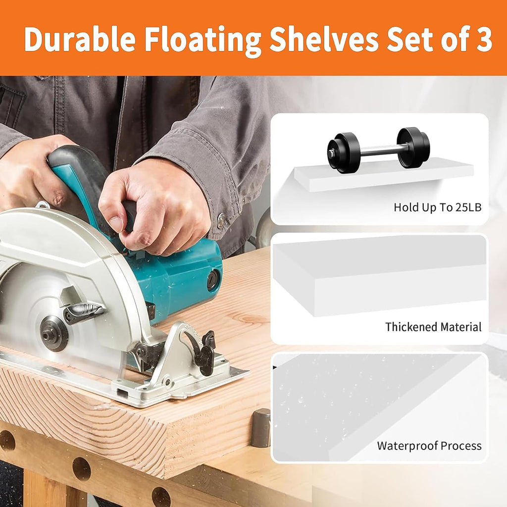 Floating Shelves for Wall Set of 3, 24" White Wall Shelves Decor, Frame Display White Floating Shelf