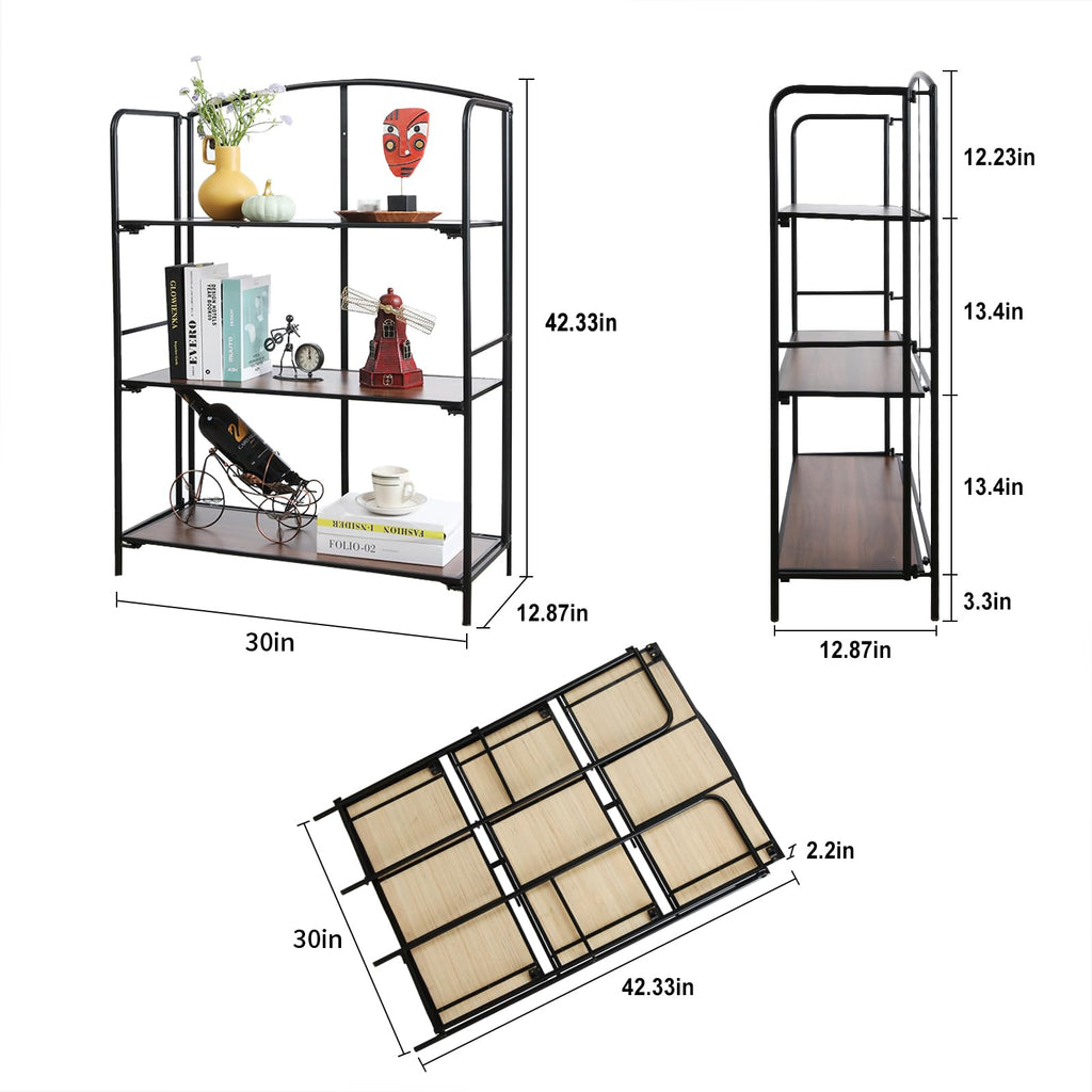 3-Tier Wider Foldable Bookshelf, Black Frame & Walnut Shelves