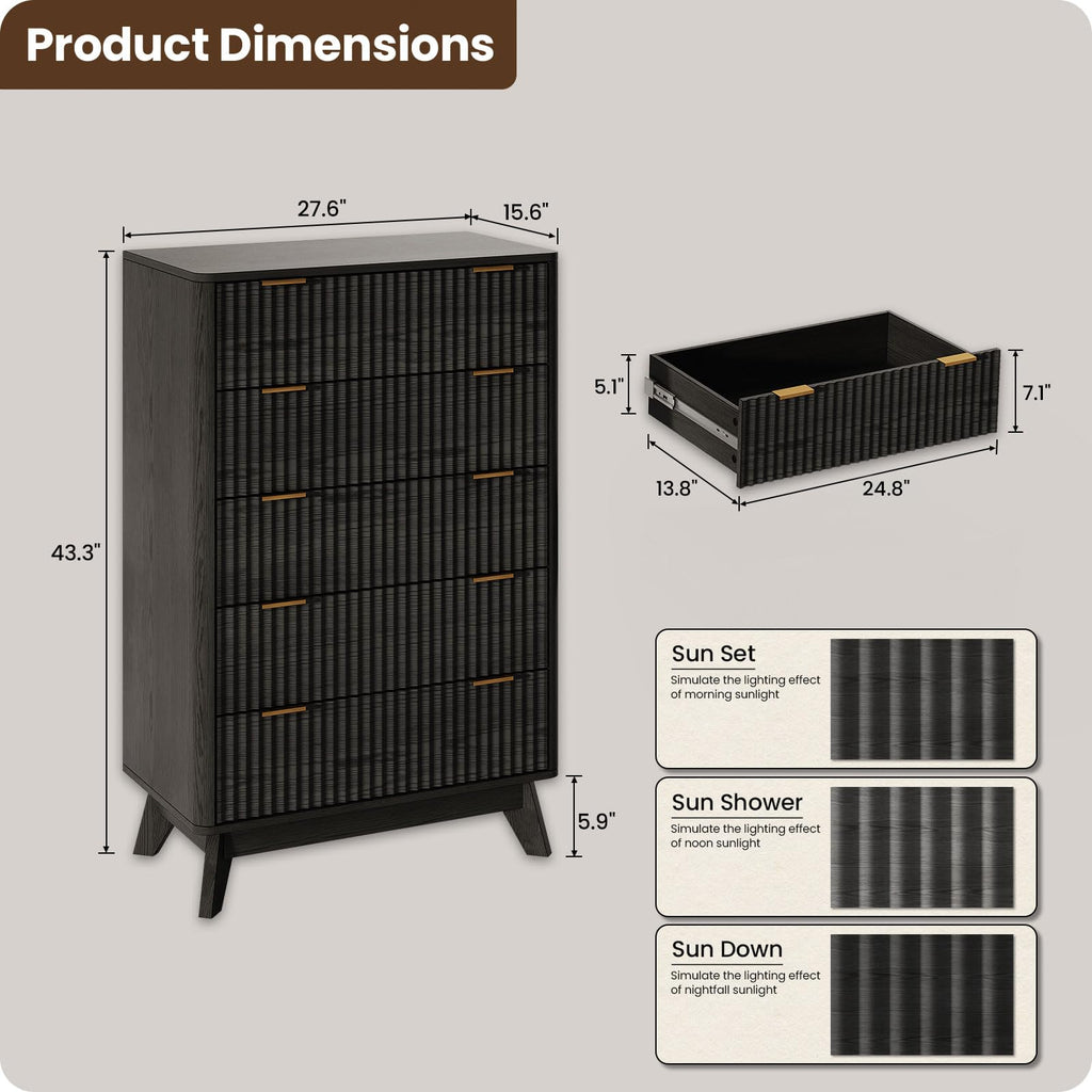 43" Hight Fluted 5 Drawers Dresser, Curved Edge, Black