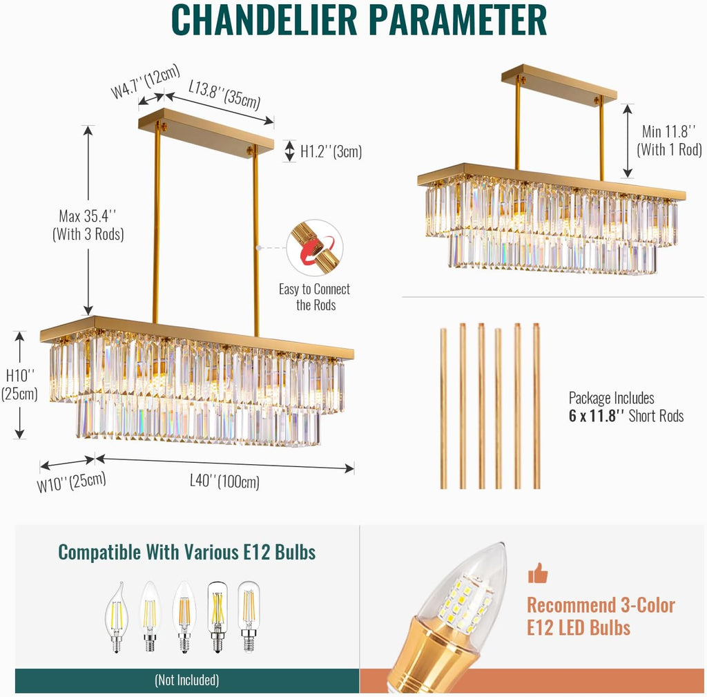 Inspired Odeon Style 10-Light Gold Rectangular Raindrop Crystal 2-Tier Chandelier L40" - A107-B0BZJ42JMH