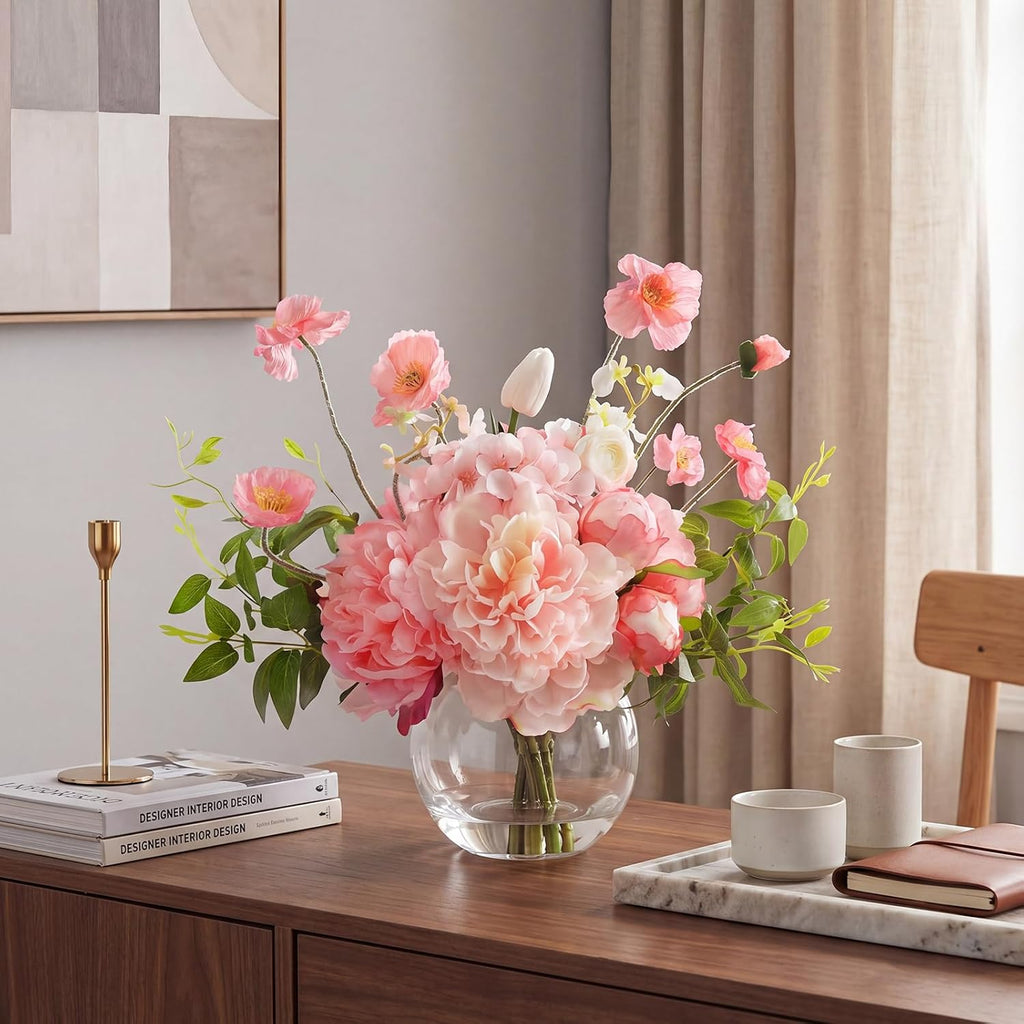 Peonies Artificial Flowers in Vase, Pink Artificial Flowers with Faux Water, Silk Peonies Flowers Arrangements Indoor