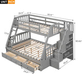 Wooden Twin Over Full Stairway Bunk Bed with Three Storage Drawer, Storage Staircase